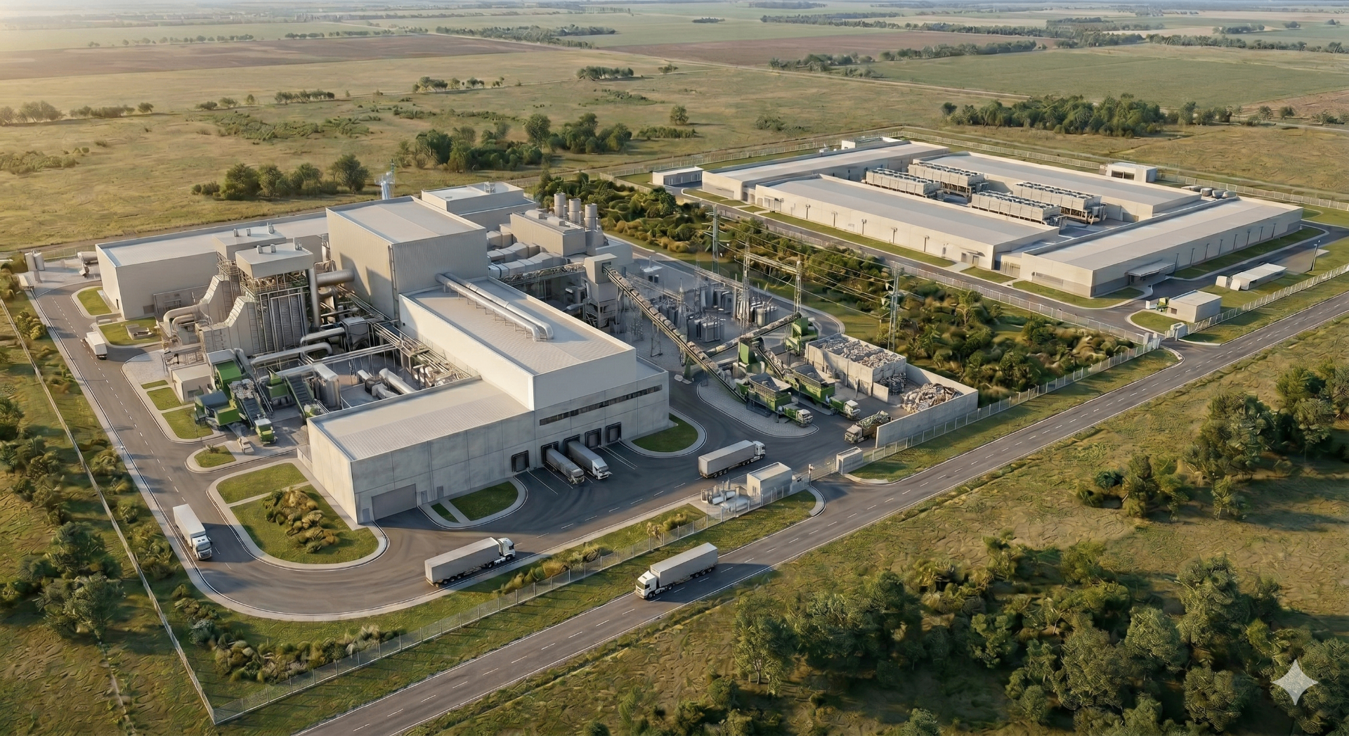 Aerial render of Google and Central Orbit waste-to-energy facility with adjacent data center in Canelones, Uruguay